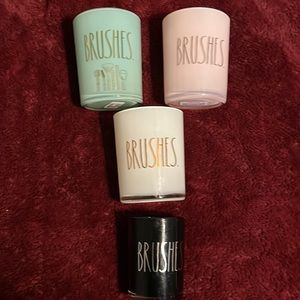 Rae Dunn, brush, glasses, pink white bluish, green and black